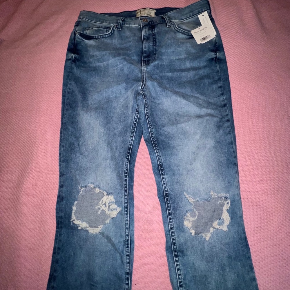 Free People Distressed Skinny Jeans Turquoise Blue Knee Cutout size‎ 31R